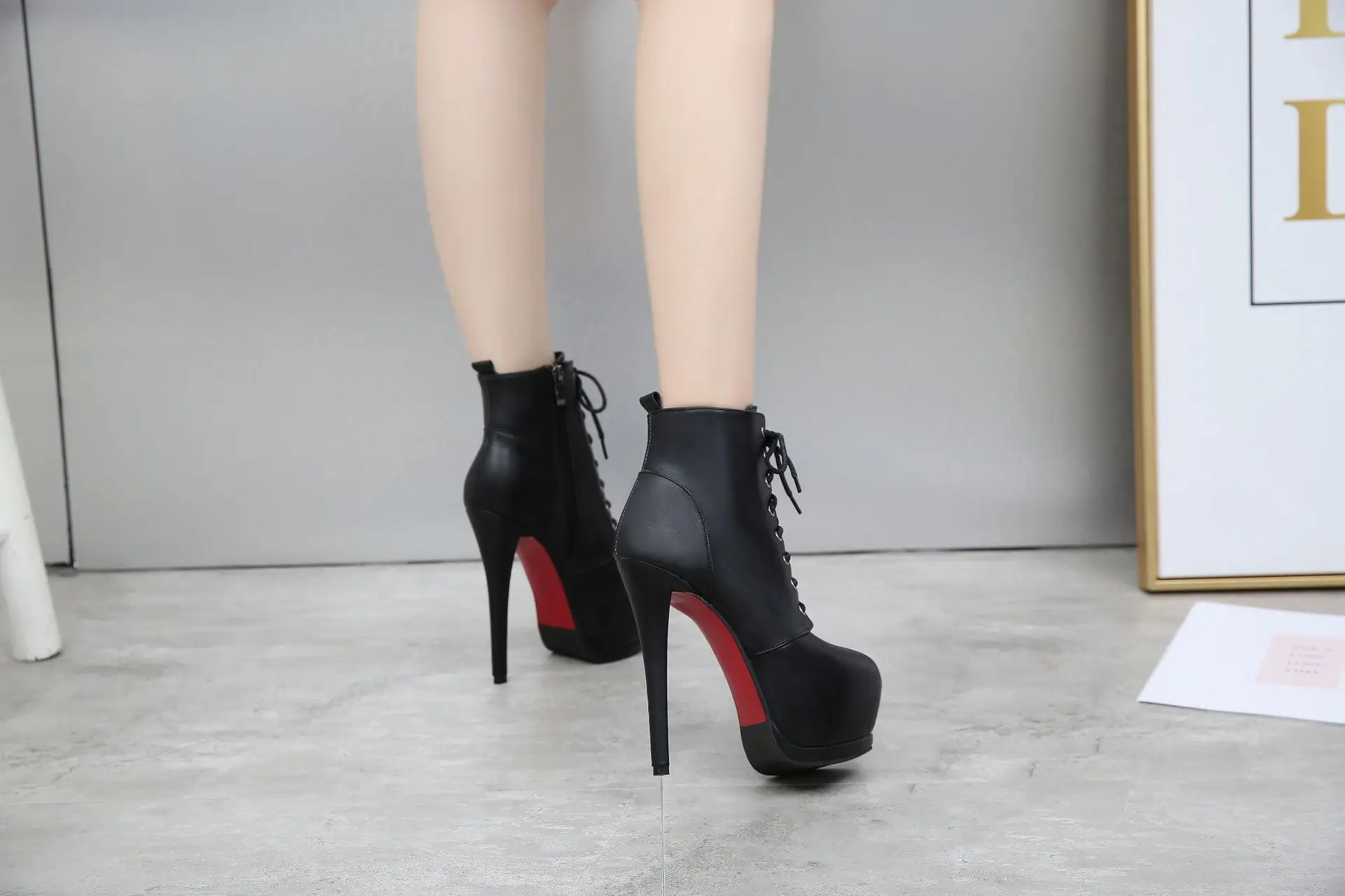 Women Autumn Ankle Boots Sexy High Heels Platform Boots Round Toe Leather Booties Black Shoes Ladies Party Shoes New 2022