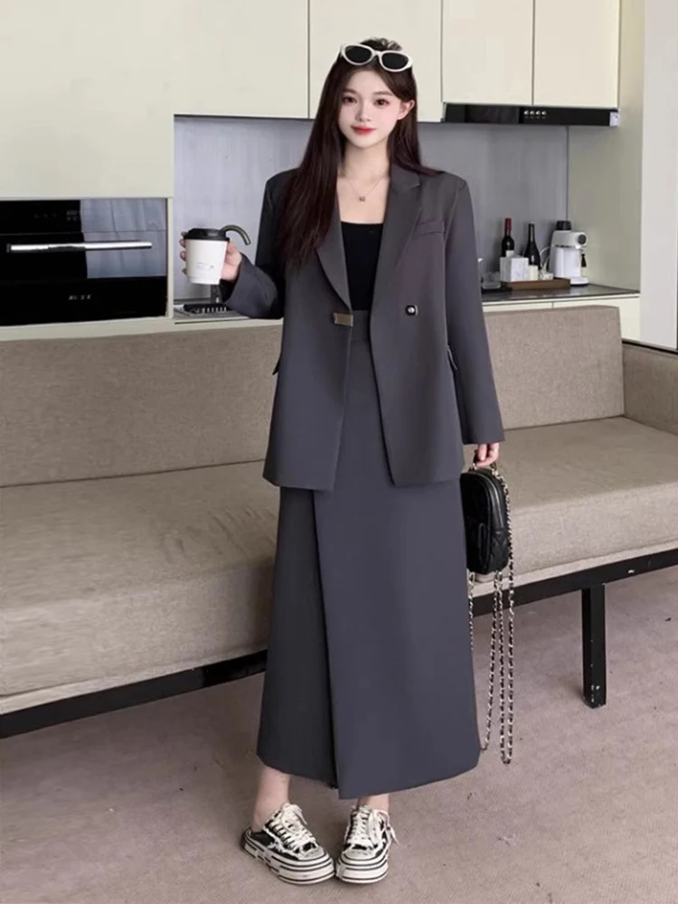 

Gray Suit Jacket And Skirt Set Women's plus Size Fashion Ensemble Spring 2026 High-End Feelings Work Commute Style