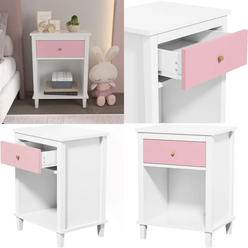

Детская розовая и белая прикроватная тумбочка с ящиком и перегородкой для хранения вещей