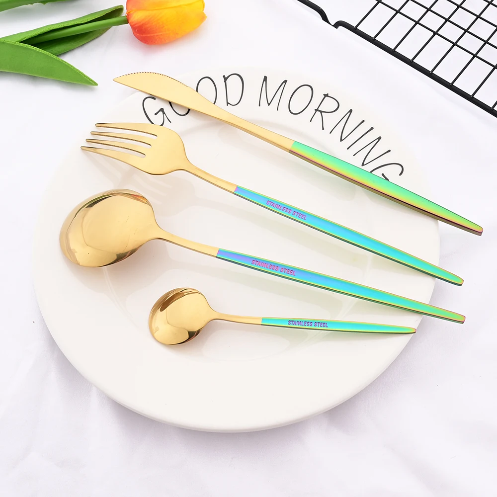 24Pcs Mirror Colorfu Handle Gold Dinnerware Cutlery Set Stainless Steel Knife Fork Spoon Flatware Set Western Kitchen Tableware