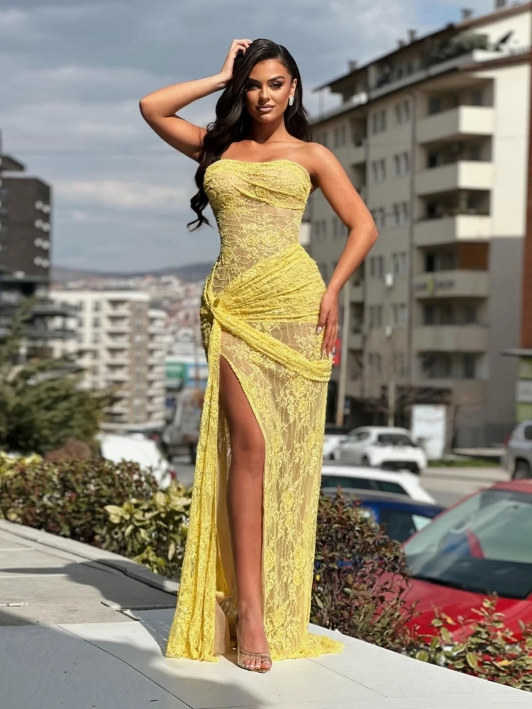 

Yellow Mermaid Lace Embroidery Prom Dresses Sequins Sleeveless vestidos de noiva Side High Split Formal Evening 2026 New