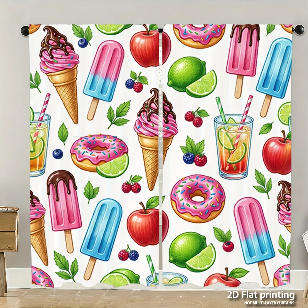 Cartoon Ice Cream Donut Print Blackout Curtains - Sweet Summer Food Pattern Window Drapes for Kids Room Kitchen Decor