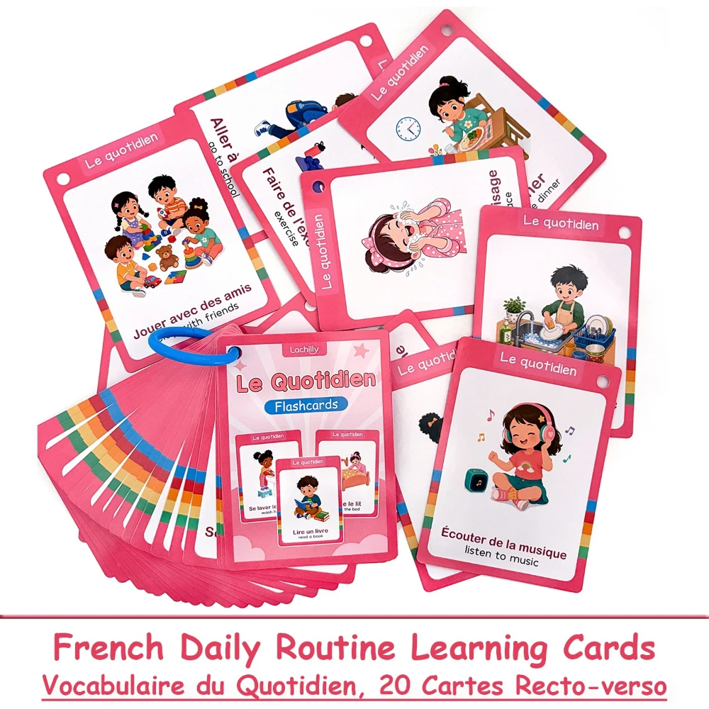 Bilingual French and English My Day Words Learning Cards for Kids Double-Sided Daily Routine Vocabulary Educational Flashcards