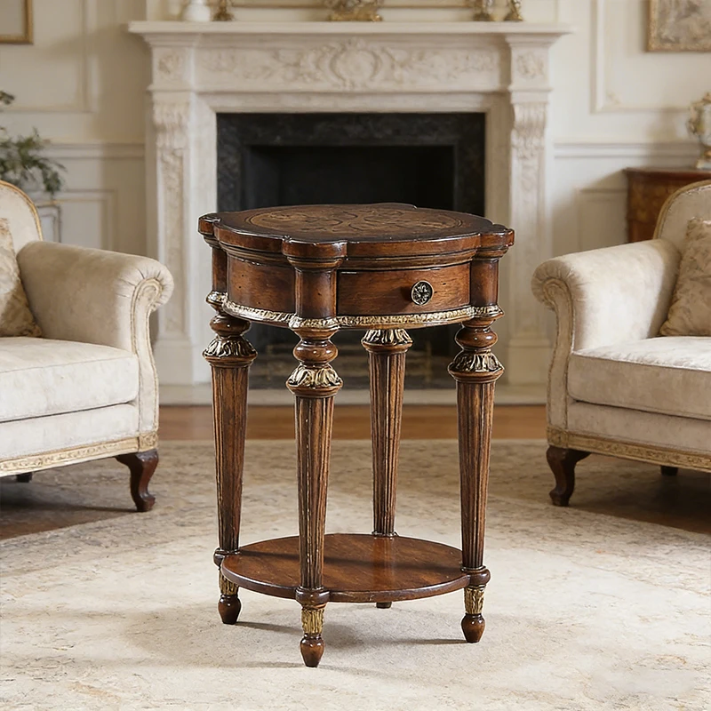 

！@Royal French Antique Exquisite Engraving Handmade Mahogany with Gold Foil Villa/Hotel Solid Wooden Living Room Side Table