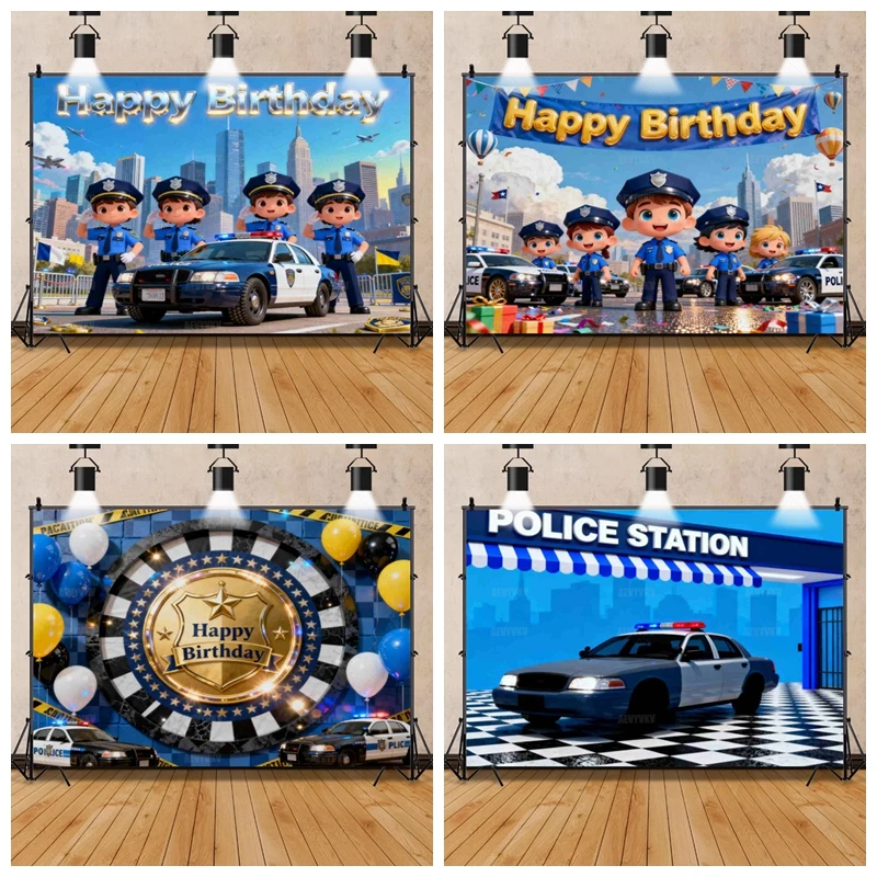

Police Birthday Party Backdrop with Police Station and Car for Kids Boys Photo Booth Background Decor Props pictures Banner