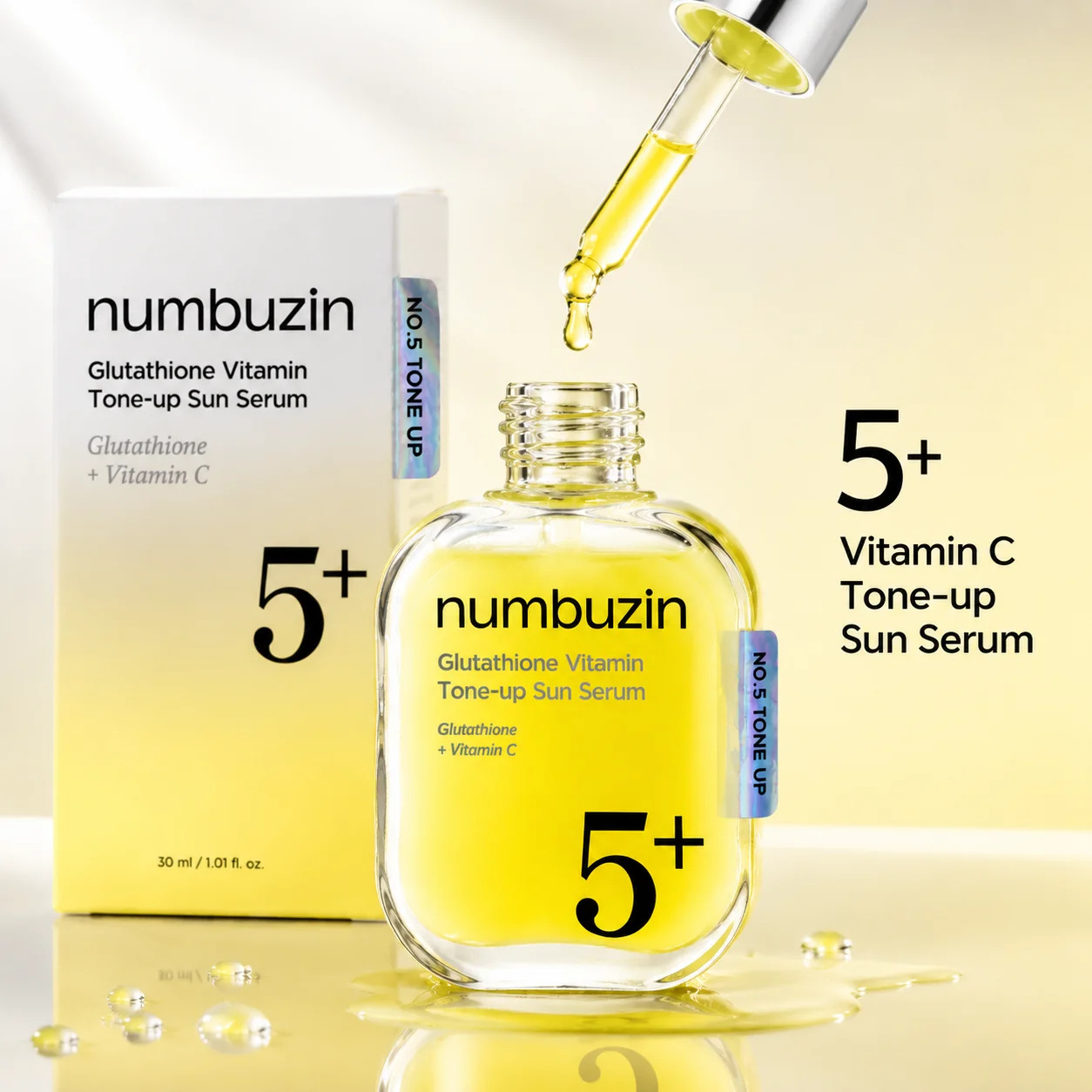 Numbuzin No.5+ Glutathione Vitamin‑C Tone‑up Sun Serum Brightening Anti‑Oxidation Sun Protection Lighten Dull Skin UV‑Defense