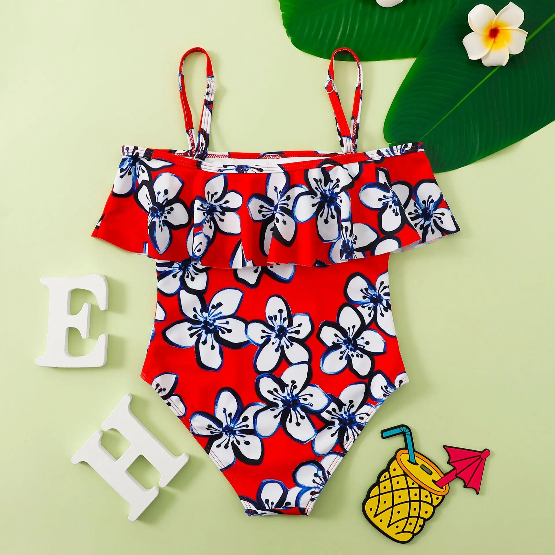 2024 New Children's Swimsuit Ruffle Printed High Elastic Small Fresh Lovely Middle And Large Girls One-piece Swimsuit