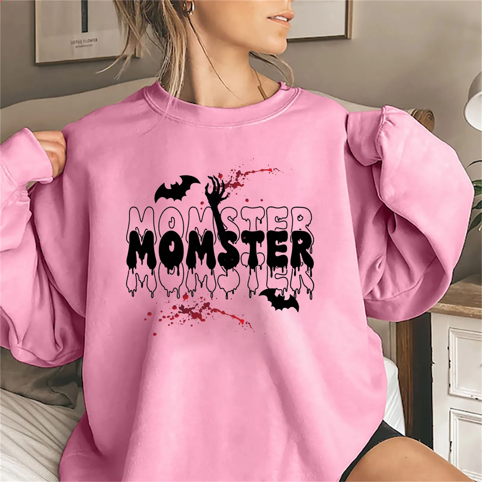 Women'S Halloween Printed Hoodie MOMSTER Letters Bat Print Personality Trend Pullover Round Neck Long Sleeve Fashion Hoodie