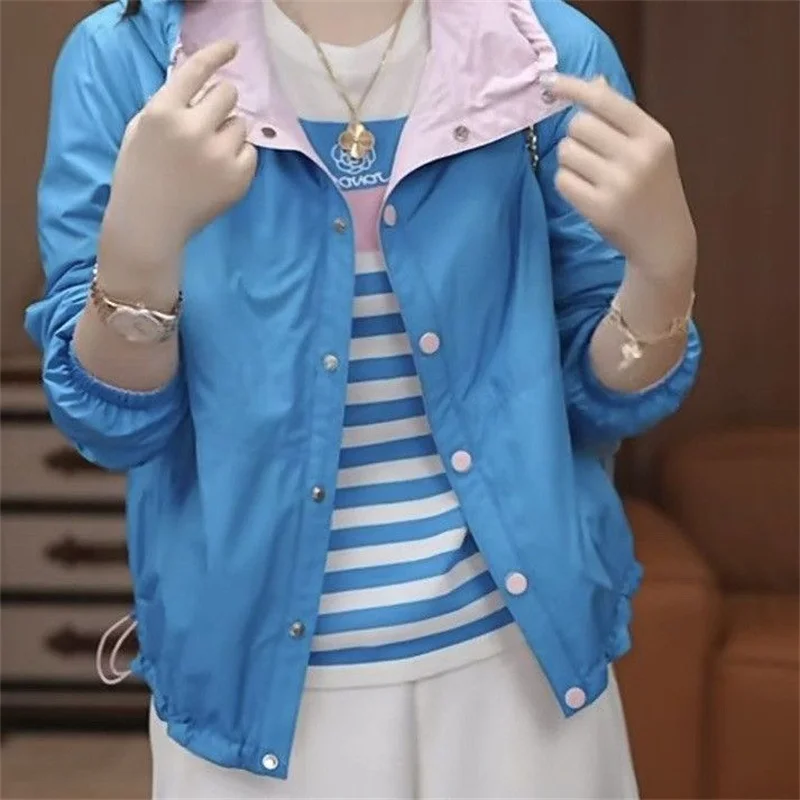 Double Sided Wearable Blue Pink Contrasting Autumn Winter Jacket Women Cotton Padded Warm Hooded Windproof Short Cotton Coat