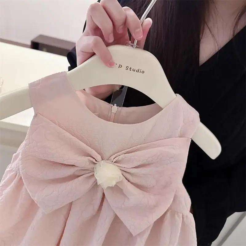 Summer New Girls Solid Color Screw Thread Crew Neck Rose Bow Zipper Pullovers Sleeveless Fashion Sweet Slim Layered Dresses