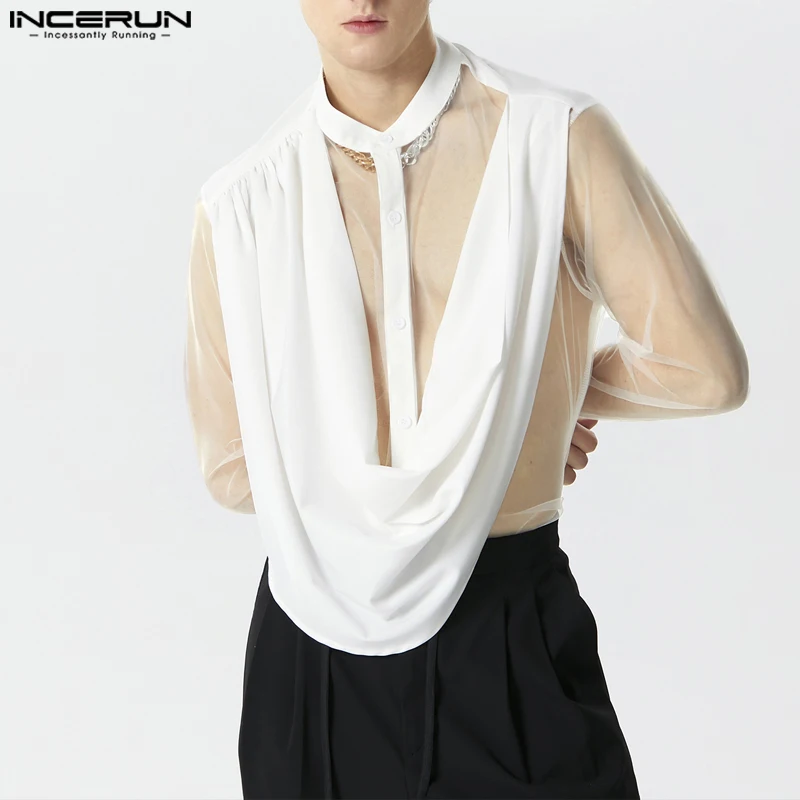 INCERUN Men's Irregular Shirt Mesh Patchwork Stand Collar Long Sleeve Camisas Streetwear Transparent 2024 Fashion Men Clothing