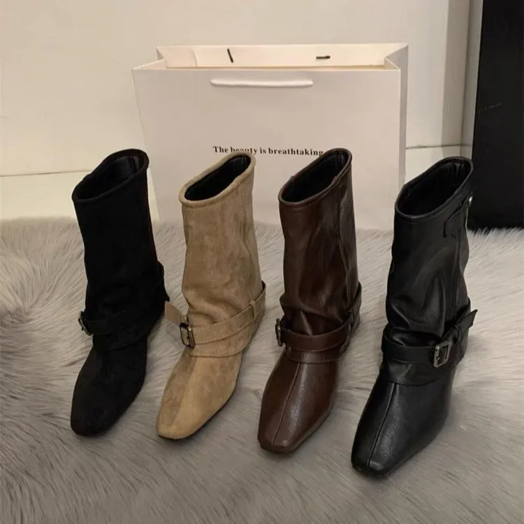 2026 Autumn/Winter Napped Army Green Short Boot Women's Boots Autumn Western Stacked Boots Knight Boots
