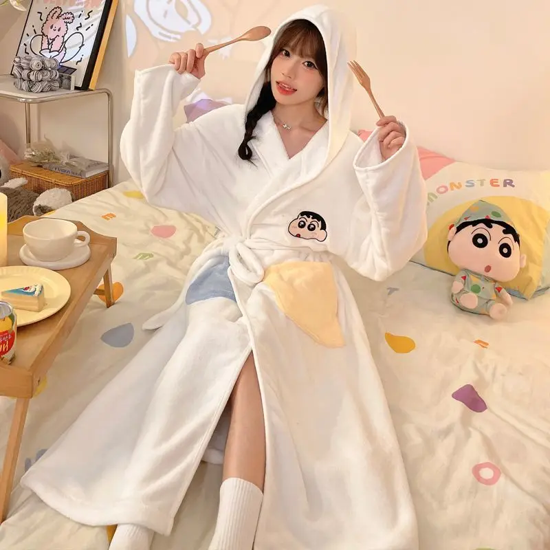 New Miniso Hello Kitty Sleepwear Cute Flannel Embroidered Pajamas Cartoon Thick Hooded Warm Morning Robe Loose Home Clothes