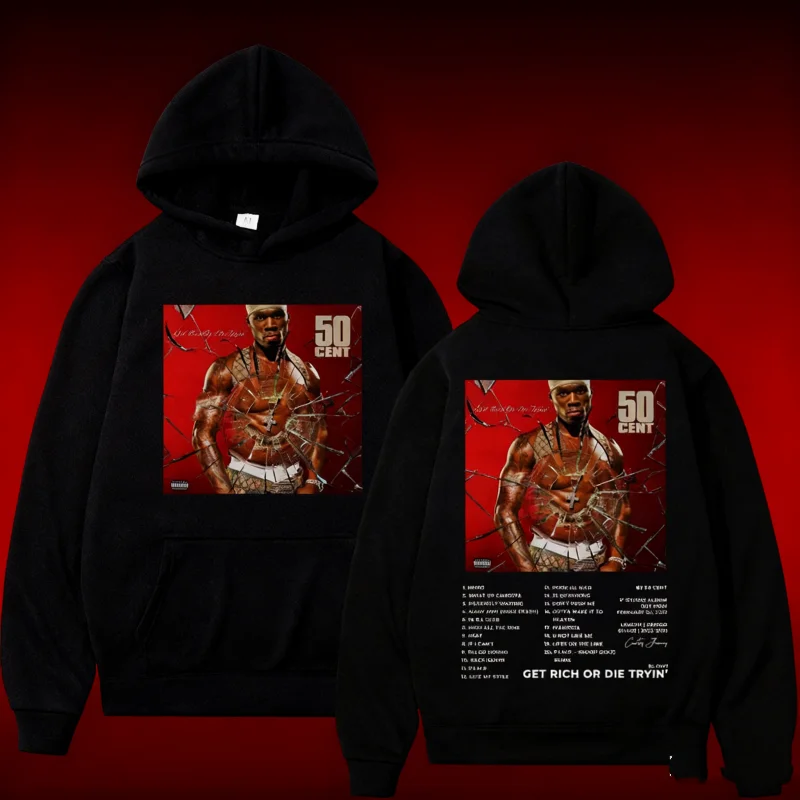 2025-26 الخريف/الشتاء مغني الراب 50 سنت ألبوم مزدوج الوجهين طباعة الرجال موضة الهيب هوب 100% القطن مطبوعة هوديي الدفء Y2k