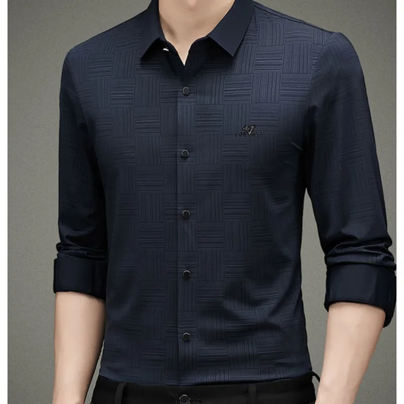 Spring and Autumn Men's Polo Collar Single Breasted Cardigan Plaid Embroidery Solid Color Long Sleeve T-shirt Bottom Shirt Tops
