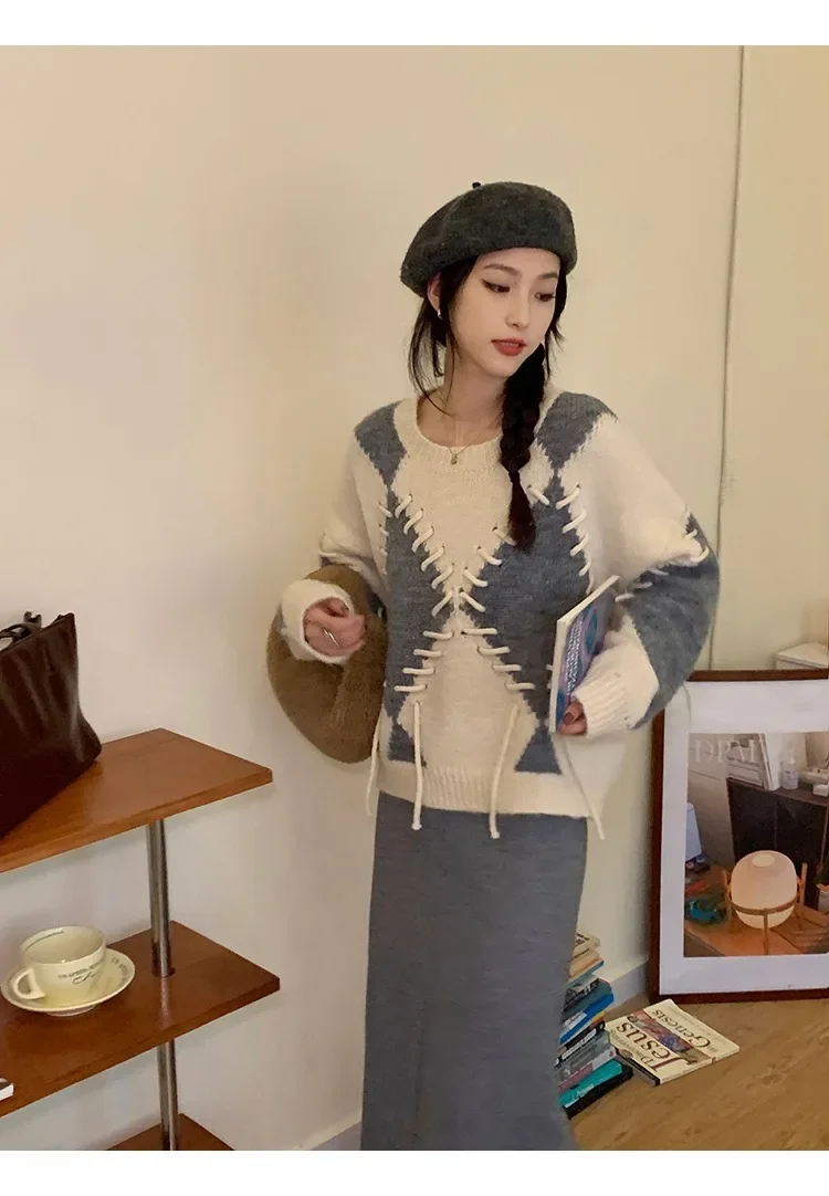 

Sueter Mujer, корейские пуловеры Y2k для женщин, бандажный клетчатый вязаный укороченный свитер, осенне-зимняя одежда, повседневная мода, Pull Femme