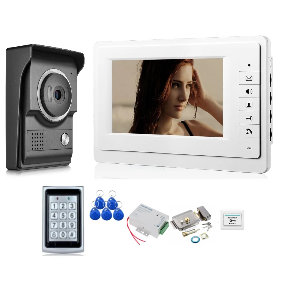 7'' LCD Video Door Phone Intercom Systems Via RFID Password Open Door Electronic Lock Access Control&Power Unit Doorbell Kits