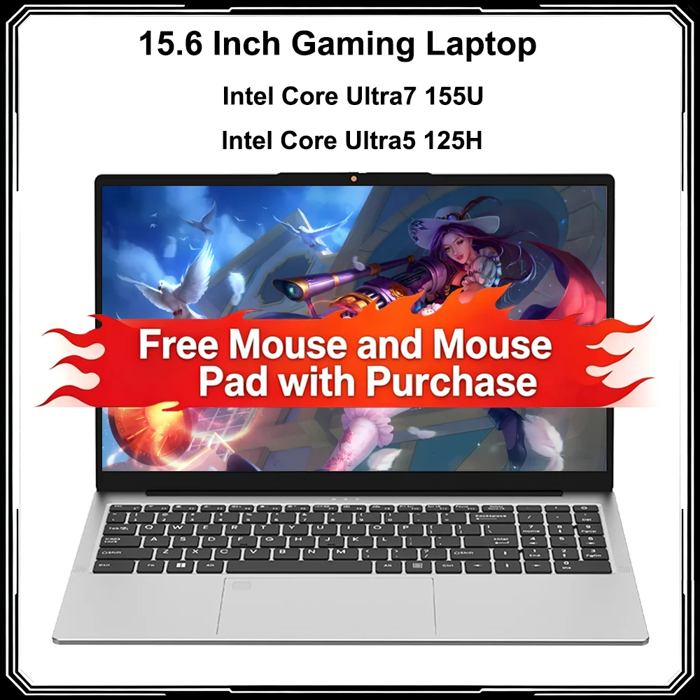 15.6 Inch Laptop Intel Core Ultra7 155U/Ultra5 125H Gaming Notebook 2*DDR5 5600MHz 2*M.2 PCIE Fullfeatured Type C WI-FI 6 BT5.2