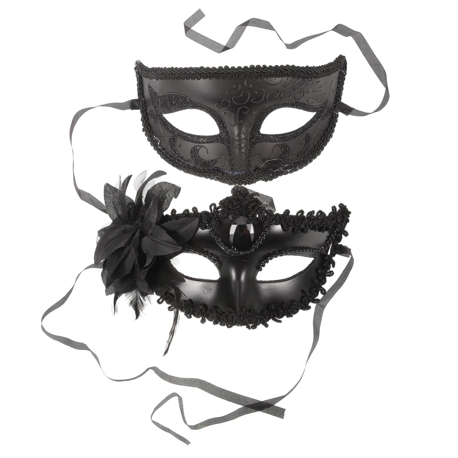 2 Pcs Mask Masquerade Half Face Carnival Couple Venetian Male and Female Set Party Costume for Women Prom Black