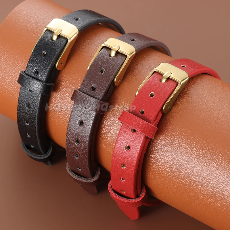 Slim Leather Watch Band 6mm 8mm 10mm Thin Elegant Cowhide Strap Gold Buckle Delicate Wristband for Women Comfortable Bracelet