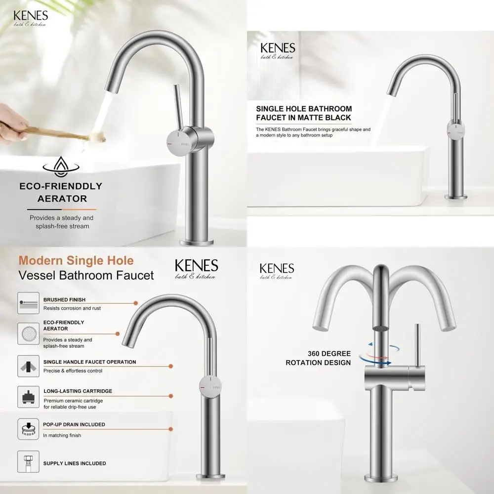 

Modern Single Handle Tall Vessel Sink Faucet with Pop-Up Drain and Supply Lines, Brushed Nickel Finish