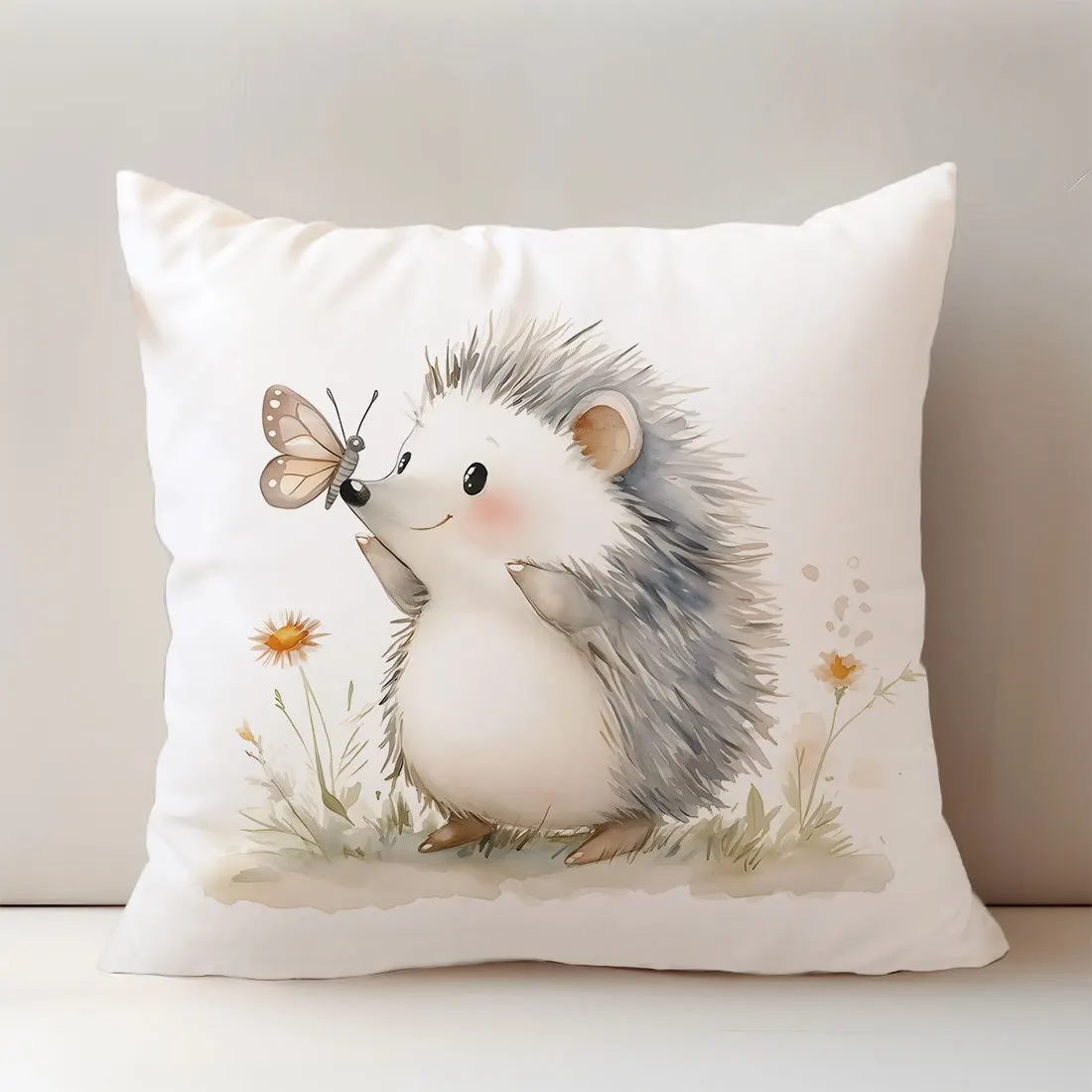 Cute Hedgehog Pillowcase, Butterfly & Flower Cushion Cover, Watercolor Animal Art, Soft Home Decor for Living Room Bedroom Sofa
