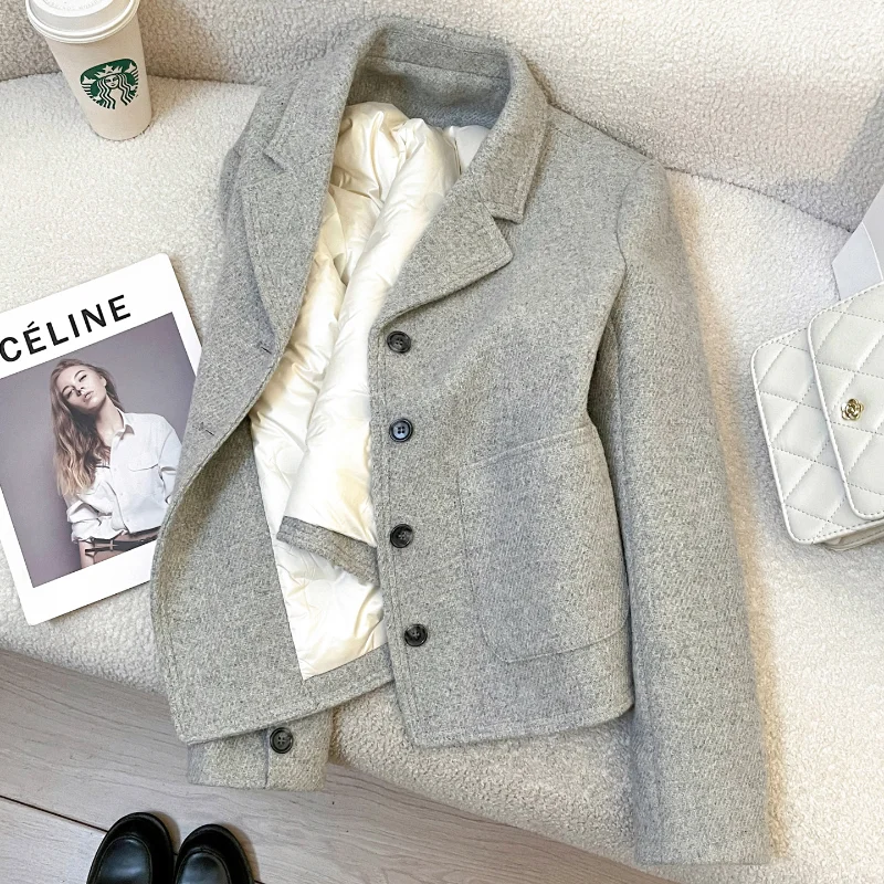 

Grey Down Liner Woolen Suit Short Coat Women's Winter High Quality Fashion Padded Warm Office Lady Short Suit Blazers
