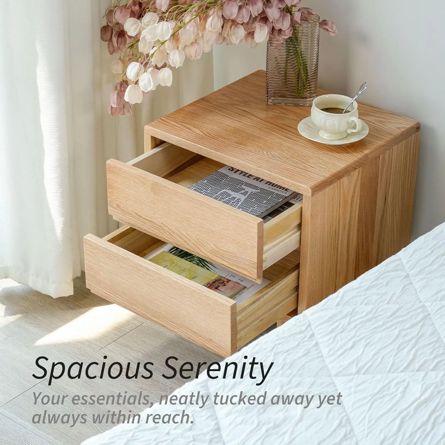 Mesita de noche moderna de roble de mediados de siglo con dos cajones, mesa auxiliar pequeña de estilo bohemio, 17,72 de ancho x 15,75 de profundidad x 19,69 de alto