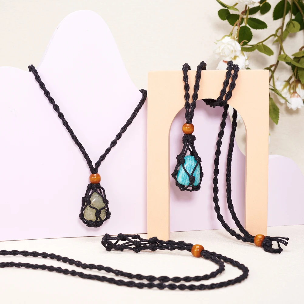 10Pcs Braided Necklace Wax Cord Empty Stone Holder Pendant Adjustable Macrame Pouch Rope for DIY Jewelry Making Accessories