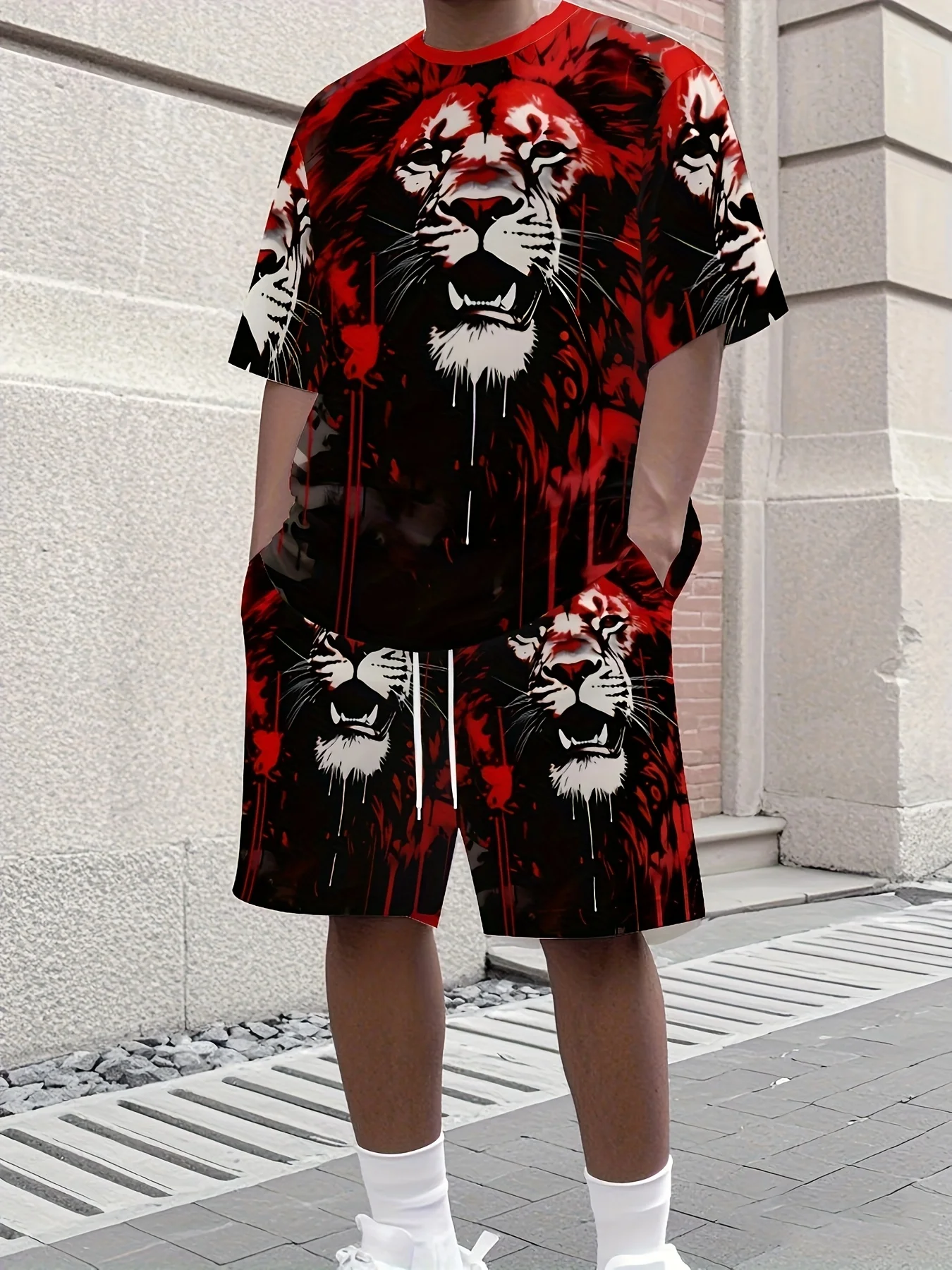 2026 New Men's Sports Set 3D Lion Print Short-Sleeve Shirt & Shorts Men's Outdoor Travel Casual Two-Piece Set Plus Size Clothing