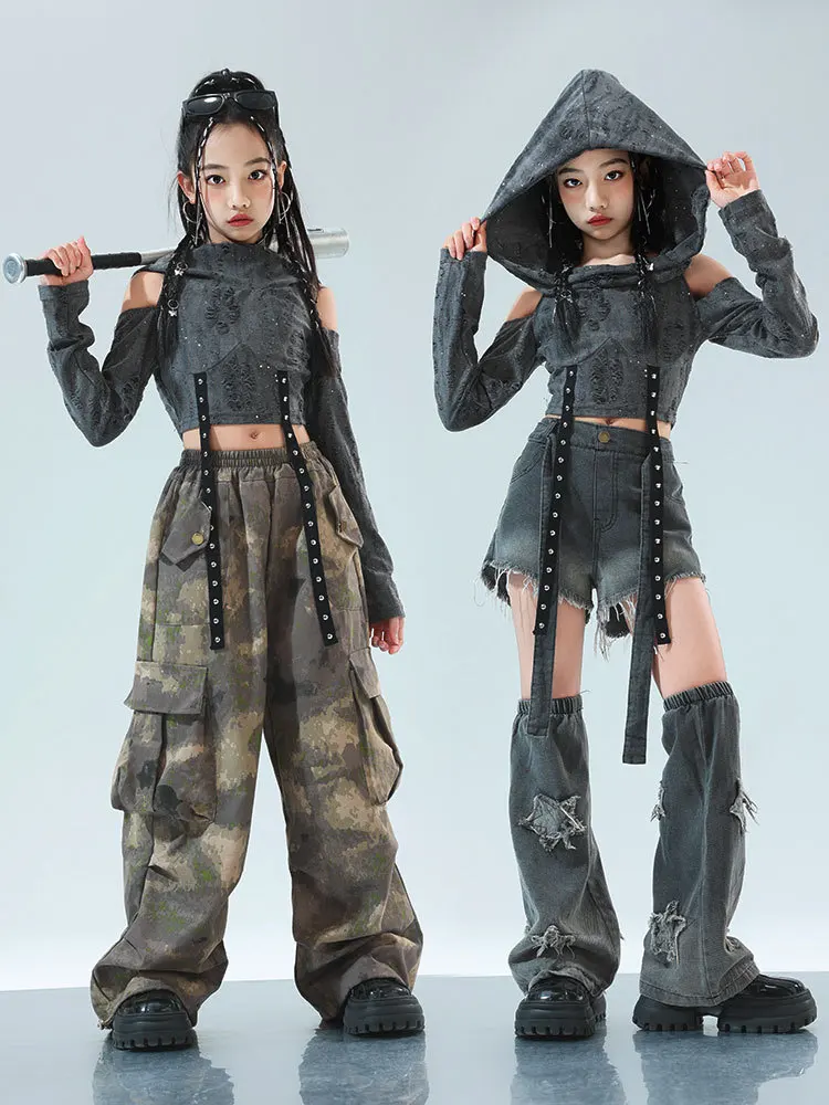 Ropa de Hip Hop para chico Wasteland, Top corto gris, Sudadera con capucha de manga larga, pantalones Cargo informales de camuflaje para niñas, trajes de baile, ropa