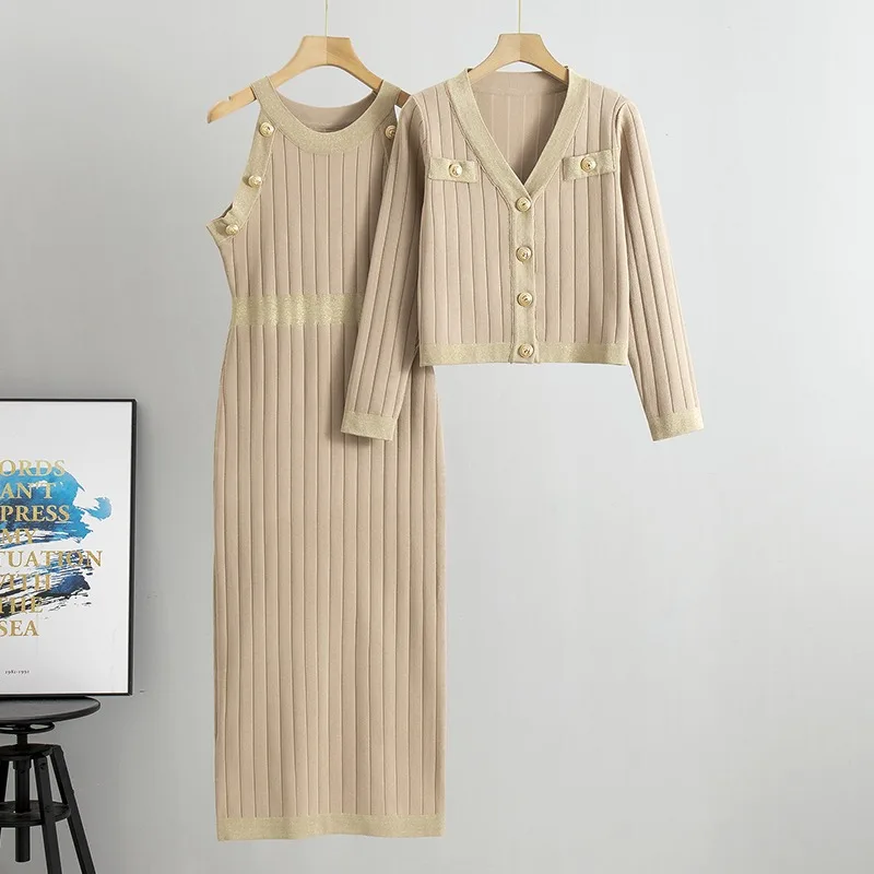2024 Elegant Womens Sets Korean Fashion Knitted Cardigan Sleeveless Dress Two-piece Set New V-neck Casual Dress Sets