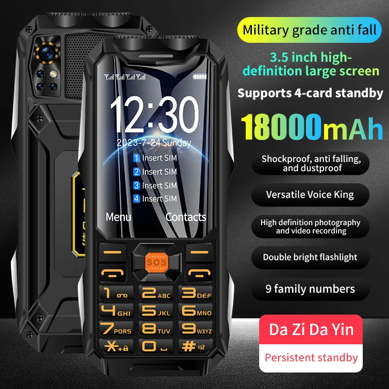 YEEMI Q9 2G/4G Network Feature Phone 4 SIM Rugged Phones 3.5 Inch 18000mAh Big Battery Loud Voice Phone For Elder Cellphone SOS