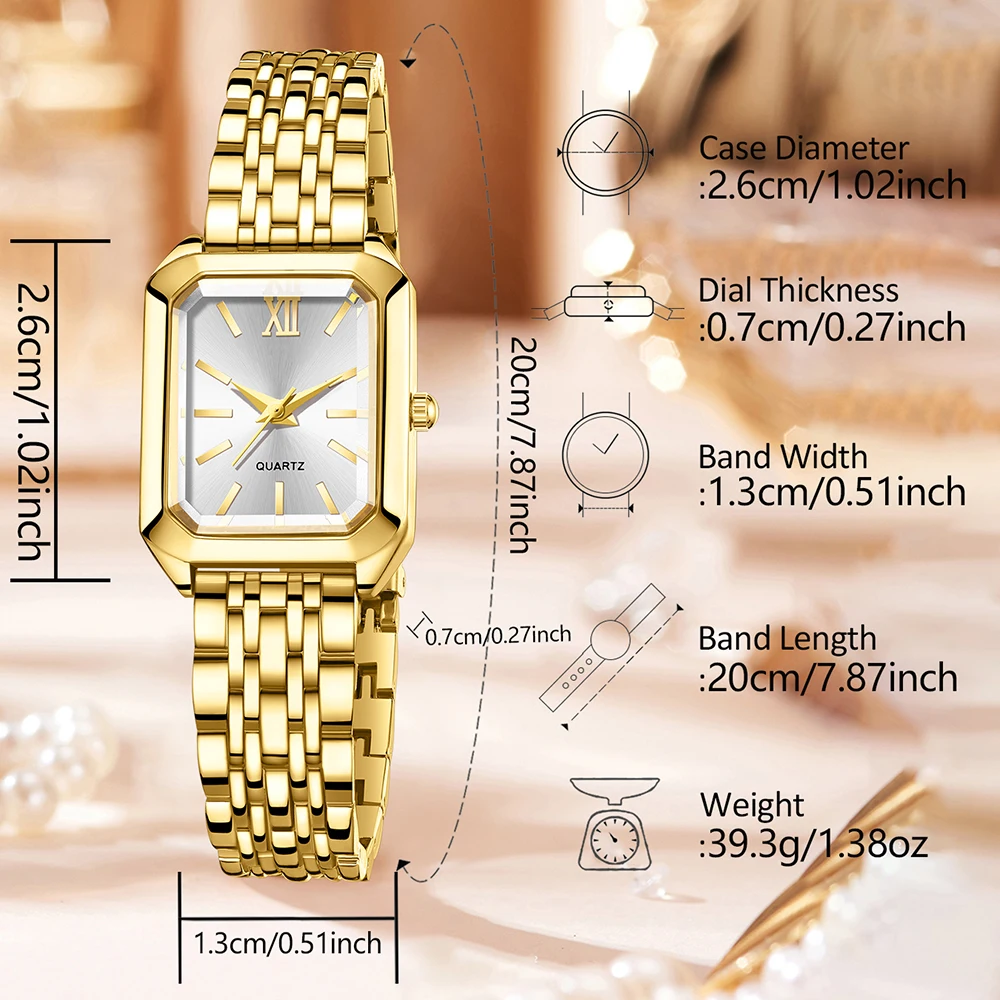 Set di orologi da donna di lusso dorati da 4 pezzi Set di braccialetti per orologi al quarzo con quadrante rettangolare di tendenza alla moda adatto per l'abbinamento esclusivo quotidiano