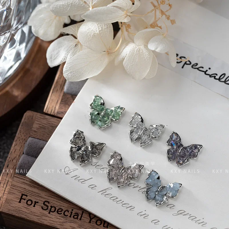 Alloy Crushed Stone Butterfly Bownet Luxury Pink Blue Green Colorful Fashionable Nail Rhinestones Sliver Cute Nail Accessories