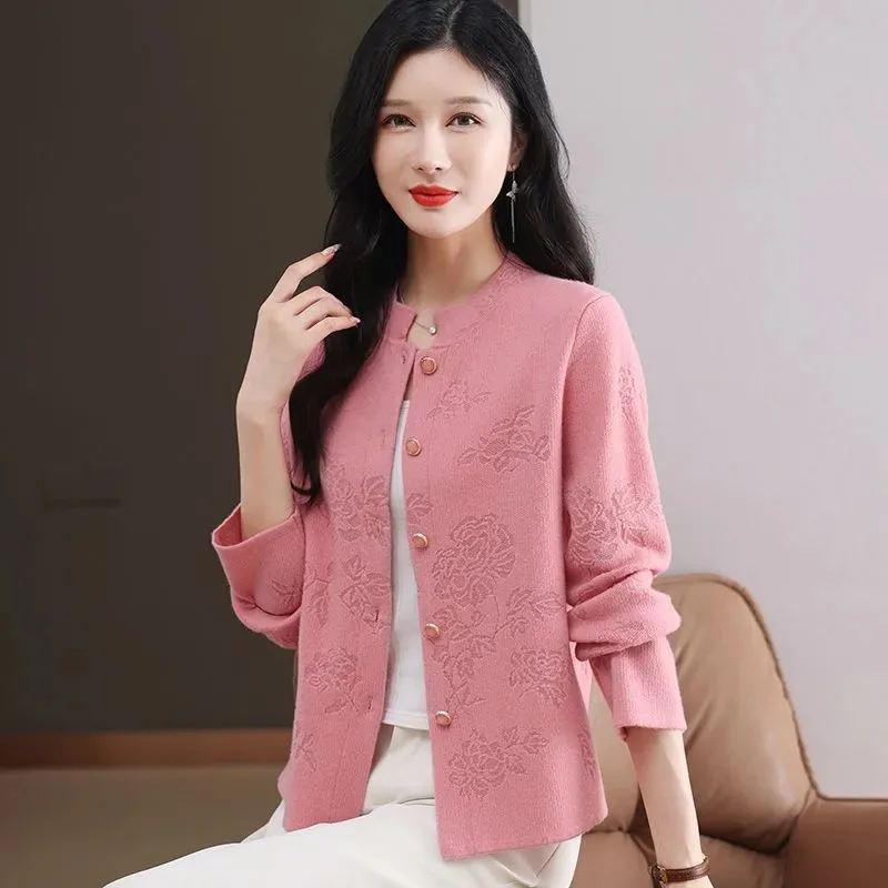 

New Women's Knitted Cardigan Sweater Coat 2025 Spring Autumn Female Middle-aged Elderly Fashion Loose Jacquard Blouse Jacket