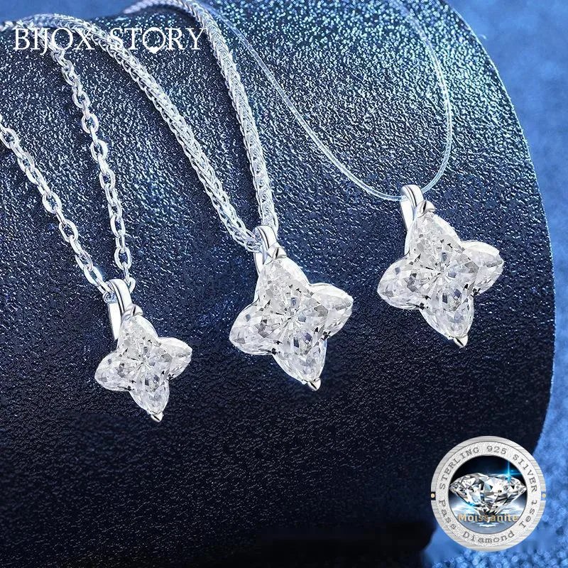 Star Shaped Moissanite S925 Sterling Silver Four-Pointed Star Pendant Necklace Forwomen Four-Leaf Clover Design Mermaid's Tears
