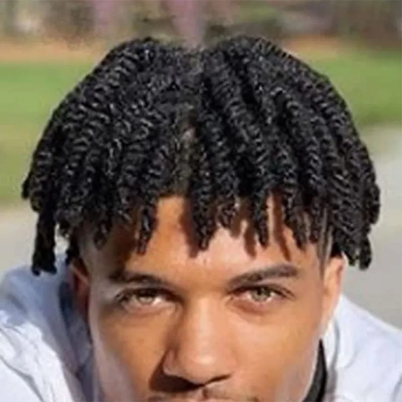 

8mm Afro Curl Twist Crochet Braids Hair for Black Men Toupee 100% Human Hair Thin Skin Full PU V Loop Wigs for Man Jet Black 1#