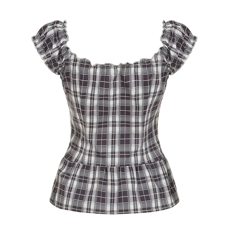 بلوزة Rockmoer Tartan منقوشة حلوة ضيقة للنساء 2000s قميص صيفي ريترو Preppy لطيف Y2k Fairycore بأزرار وياقة مربعة
