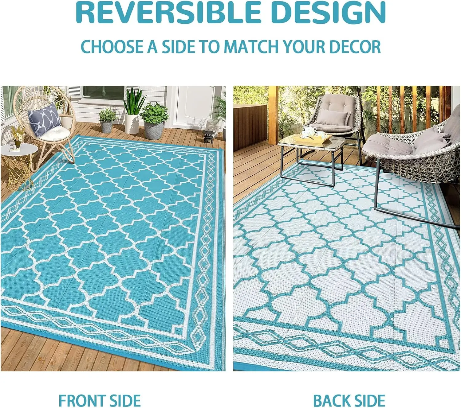 9x12 Outdoor Patio Rug – Reversible Camping Carpet, Waterproof Plastic Straw Rug, Foldable Area Mat for RV, Picnic, Backyard, Deck, Balcony, Porch, Beach (Light Blue/White)