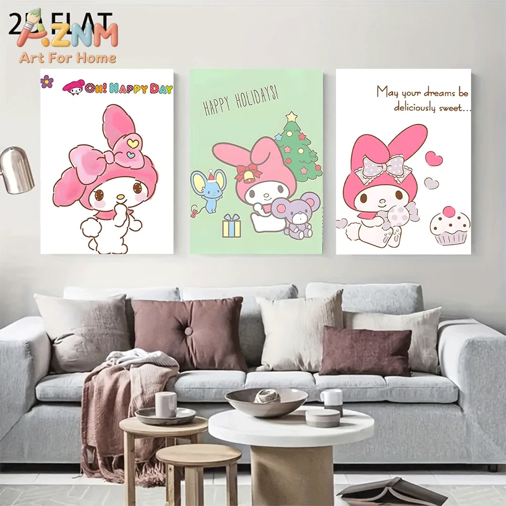 AZNM Sanrio My Melody Canvas Wall Art Unframed Cute Cartoon Christmas Holiday Cupcake Gift Theme Print Painting Girls Bedroom Ho
