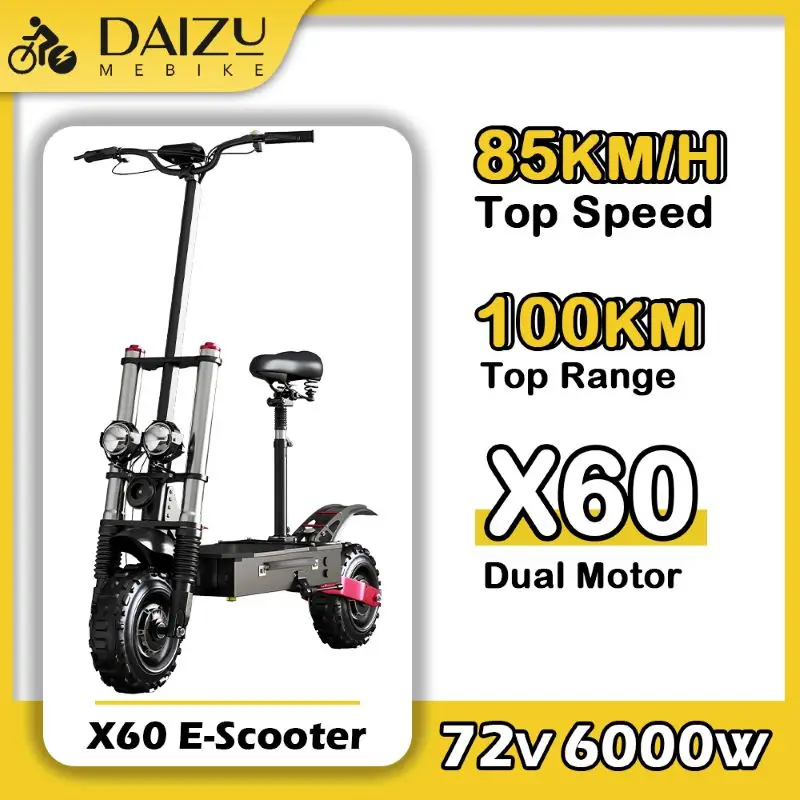 Dual Motor Powerful 72V 6000W Electric Scooter X60 80KM/H Electric Kick Scooter 100km Long Range e Scooter Off Road Tire