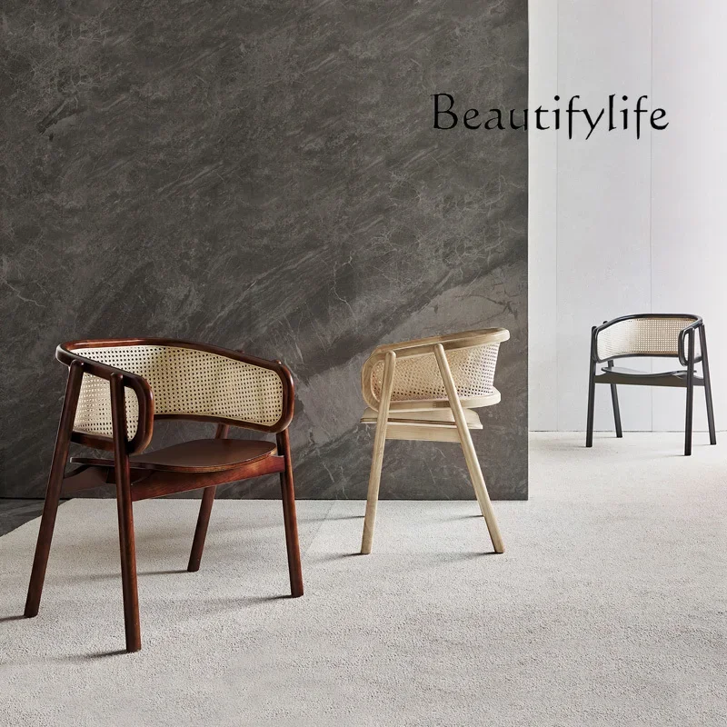 X40 Nordischer Mittelalterlicher Stil Wohnzimmer Rattan Massivholz Rückenlehne Stuhl Moderner Einfacher Armlehnstuhl Einzelstuhl