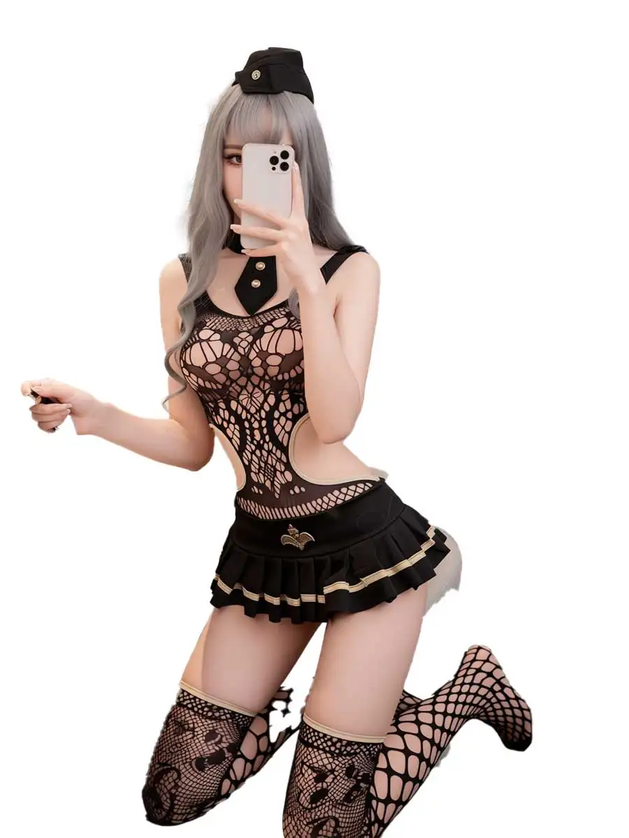 jimiko Conjunto de Disfraz Militar Negro de 5 Piezas para Mujer, con Falda Plisada de Malla, Medias de Red, Sombrero y Corbata, para Fiesta de Disfraces Sexy