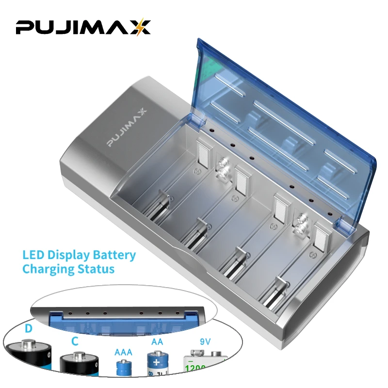 PUJIMAX-Carregador de Bateria Recarregável, 6 Slots, Display Inteligente LED, Carregamento Rápido, UE, Ficha EUA, 1.2V, AAA, AA, C, Tamanho D, 9V