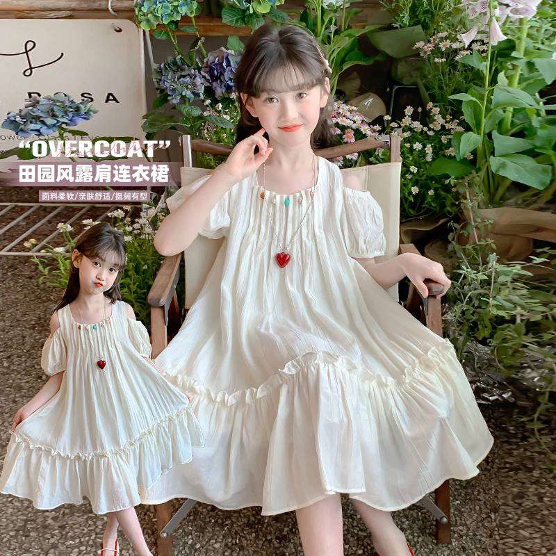 Summer Princess One Piece Dress for Girls Short Sleeveless Daily Beach Wear Toddler Dress Ages 6-14Y White Simple Child Fashion