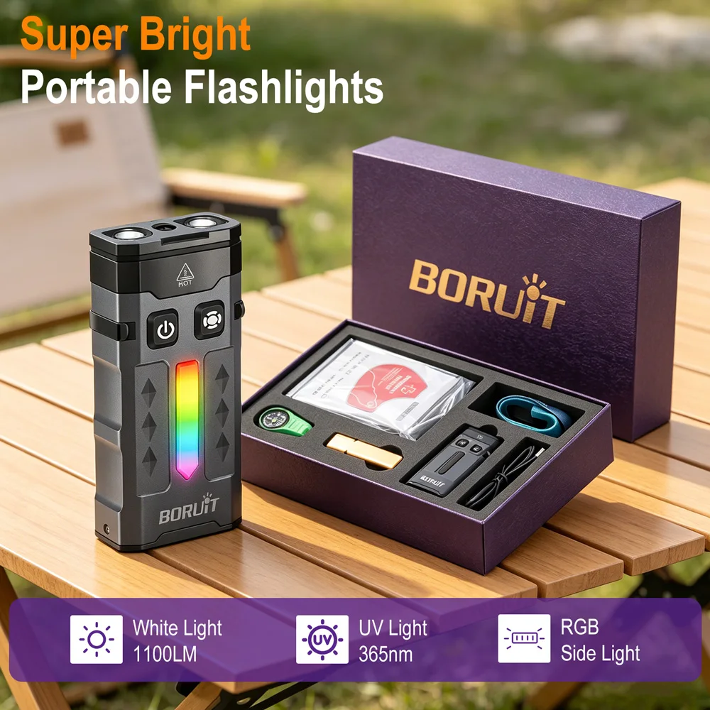 boruit-ev20-edc-懐中電灯-1100lm-365nm-uv-ライト-4-in-1-ギフトボックスセット-応急処置ブランケット付き-ホイッスルコンパス-アウトドア-ホリデーギフト