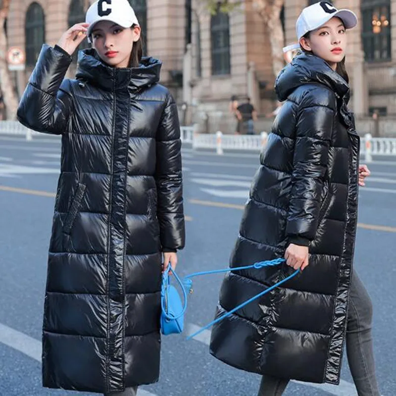 Black Glossy Parka Coat Women's 2025 Fashion Thicken Winter Hooded Loose Long Jacket Female Windproof Rainproof Warm Outwear