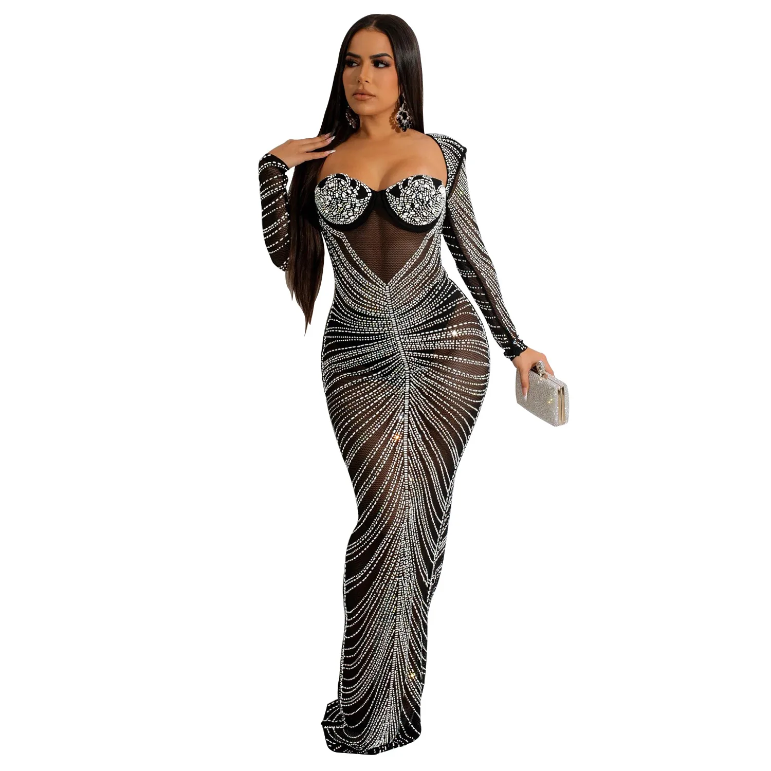 2023 Clothing Summer Diamonds Sheer Mesh Maxi Party Dress Women Strapless Backless Long Sleeve Bodycon Robe Birthday Gifts