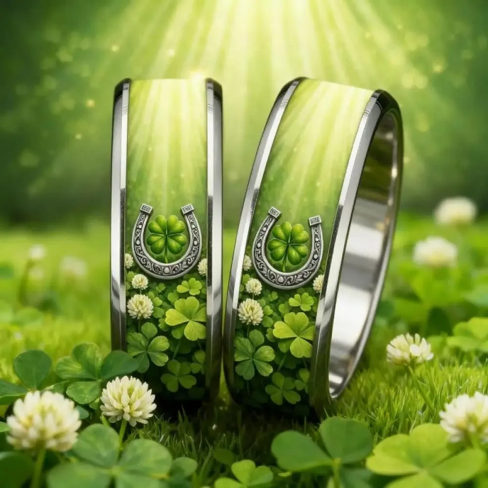 Charms Horseshoe Lucky Irish Four Leaf Clover Ring Fashion Stainless Steel Rings for Men Women Wedding Party Jewelry Gifts